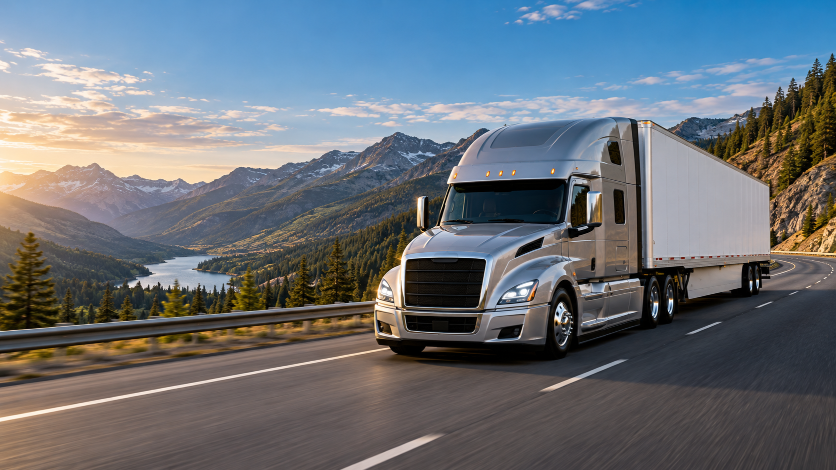 Unbranded American silver semi truck on a mountain highway